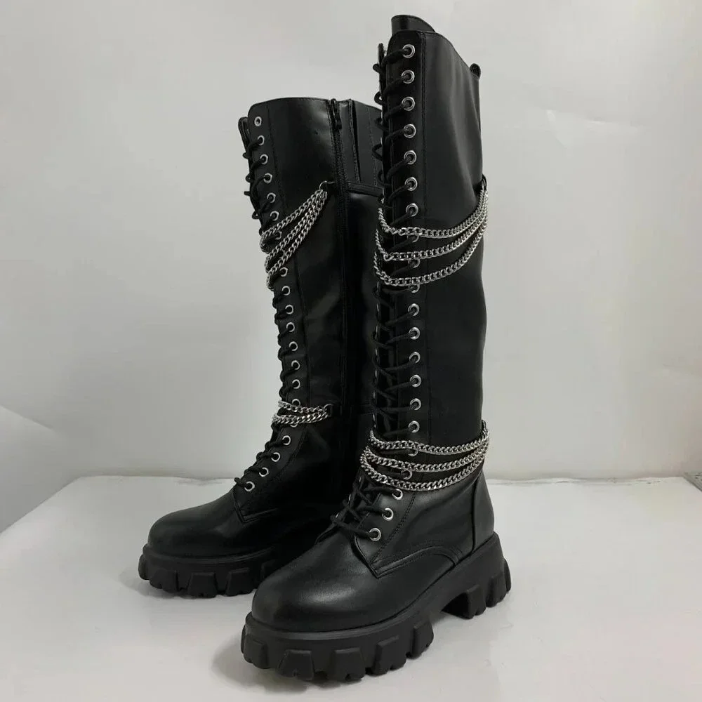 Hot Topic Women’s Black Chains Platform Side Zip Knee-High Boots Size 10 NWOB - Picture 1 of 16
